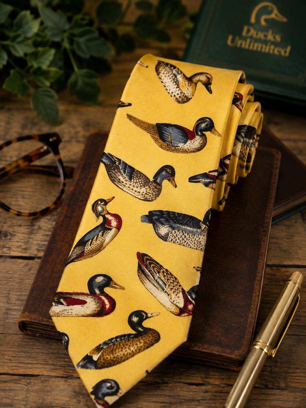 Ducks Unlimited Mallard Duck Yellow Imported Silk Neck Tie Made in USA